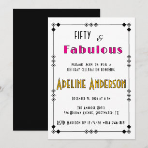 Fifty and Fabulous Black Gold Pink Art Deco   Invitation
