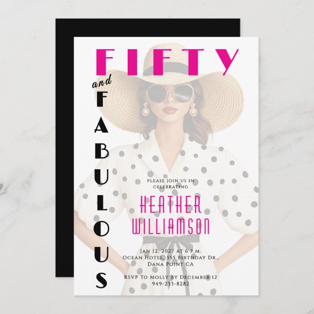 Fifty and Fabulous Black Pink 50th Birthday  Invitation (Front/Back)