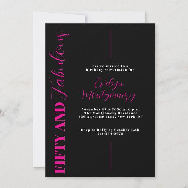 Fifty and Fabulous Black Pink 50th Birthday Party  Invitation (Front)