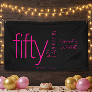 Fifty and Fabulous Black Pink Glam Happy Birthday Banner