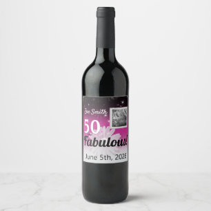 Fifty and Fabulous black, pink, white with daisy Wine Label