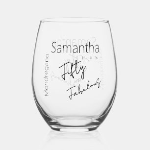 Fifty and Fabulous Black White 50th Birthday Stemless Wine Glass