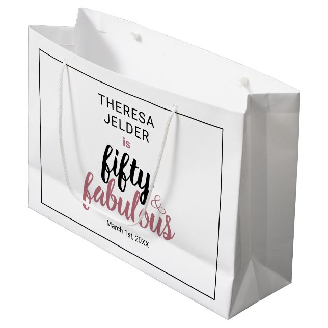 Fifty and Fabulous Chic Pink Blush Birthday Large Gift Bag (Front Angled)