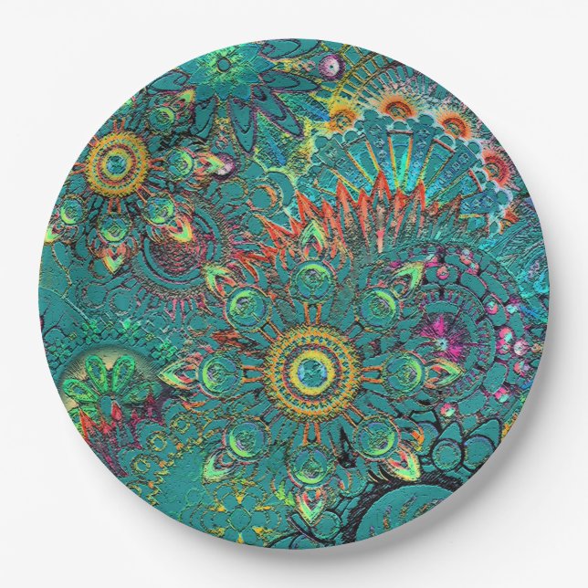 Fifty and Fabulous Colourful Blue Bohemian Paper Plate (Front)
