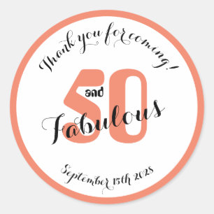 Fifty and Fabulous Coral Thank You Favours Classic Round Sticker