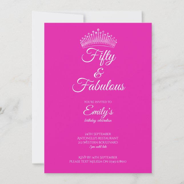 Fifty and Fabulous Crown Pink Birthday Invitation (Front)