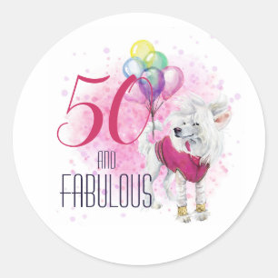Fifty and Fabulous Dog with Balloons in Pink Classic Round Sticker