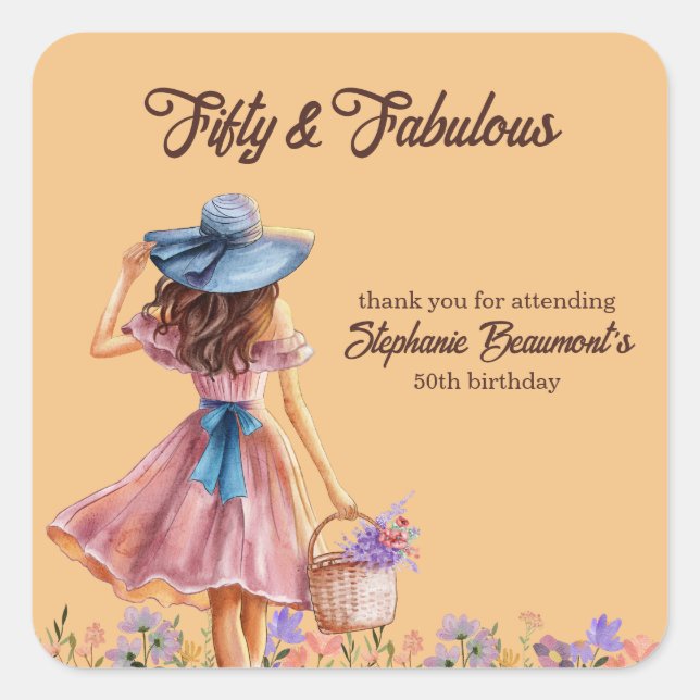 Fifty and Fabulous Elegant Woman's 50th Birthday Square Sticker (Front)