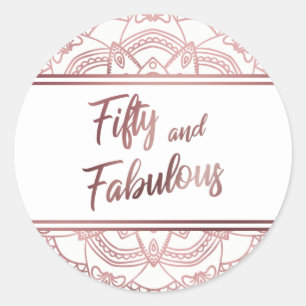 Fifty and Fabulous Faux Rose Gold Mandala on White Classic Round Sticker