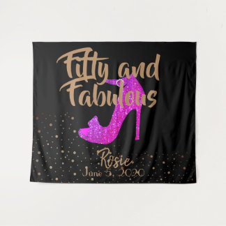 Fifty and Fabulous GirlySparkly Hot Pink Gold Text Tapestry