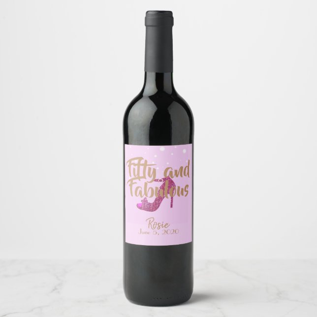 Fifty and Fabulous GirlySparkly Hot Pink Gold Text Wine Label (Front)