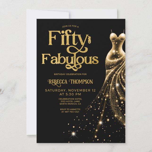 Fifty and Fabulous Gold Dress Black 50th Birthday Invitation (Front)