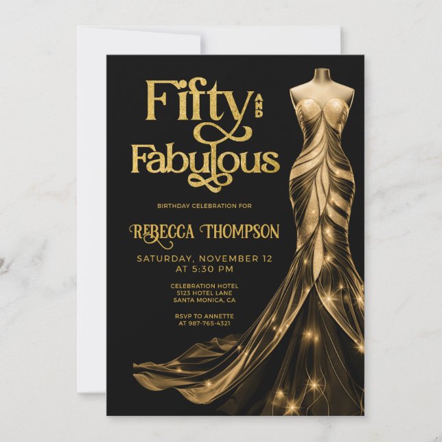 Fifty and Fabulous Gold Dress Black 50th Birthday Invitation (Front)