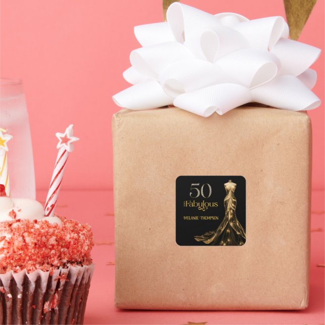 Fifty and Fabulous Gold Dress Black 50th Birthday Square Sticker (Party)