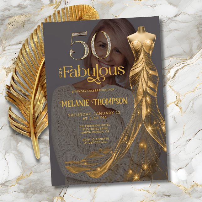 Fifty and Fabulous Gold Dress Photo 50th Birthday Invitation (Fifty and Fabulous Gold Dress Photo 50th Birthday invitation with Gold and Diamond 50 on Black.)