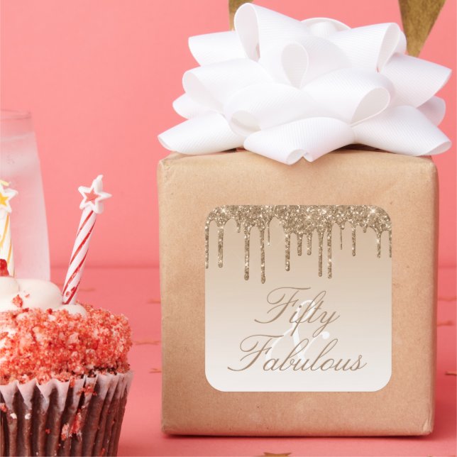 Fifty and Fabulous Gold Sparkle Glitter Drip Square Sticker (Party)
