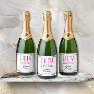 Fifty and Fabulous Hot Pink Art Deco 50th Birthday Sparkling Wine Label