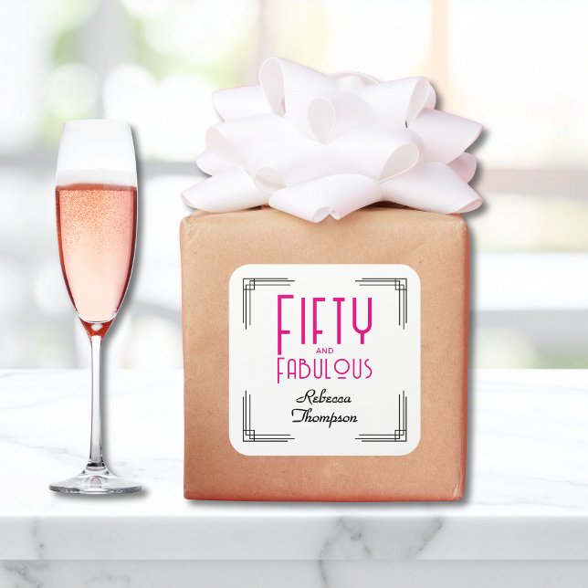 Fifty and Fabulous Hot Pink Art Deco 50th Birthday Square Sticker (Fifty and Fabulous Hot Pink Art Deco 50th Birthday Square Sticker with Her Name, Art Deco Corners.)