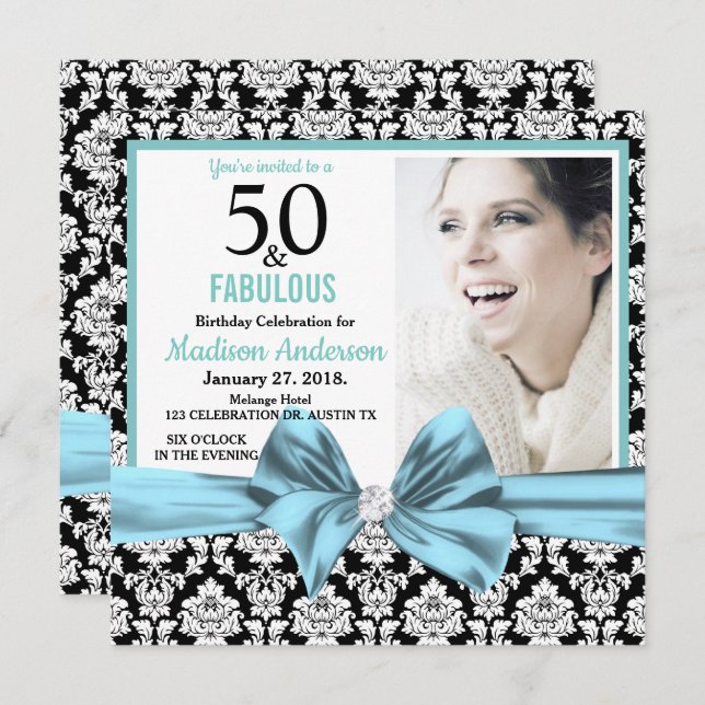 Fifty and Fabulous light blue damask 50th Birthday Invitation (Front/Back)