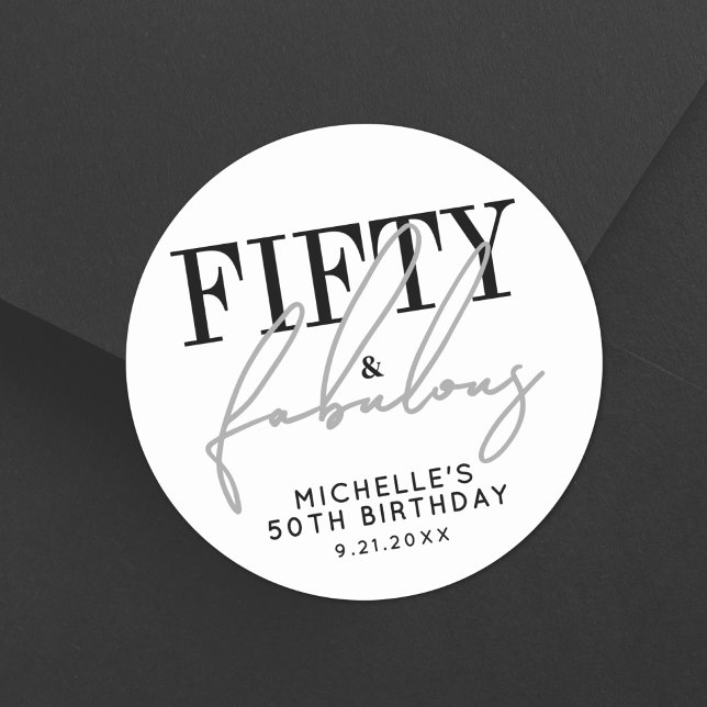 Fifty And Fabulous Modern 50th Birthday Party Classic Round Sticker (Fifty And Fabulous Modern 50th Birthday Party Classic Round Sticker)