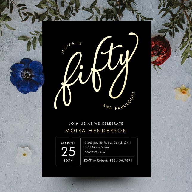 Fifty and Fabulous Modern Black 50th Birthday Gold (fifty and fabulous modern minimalist gold foil 50th birthday party invitation)