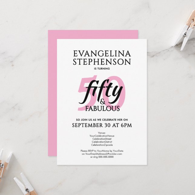 Fifty and Fabulous Modern Pink White 50th Birthday Invitation (Front/Back In Situ)