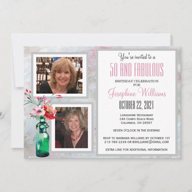 Fifty and Fabulous Party Photos Floral Invitation (Front)