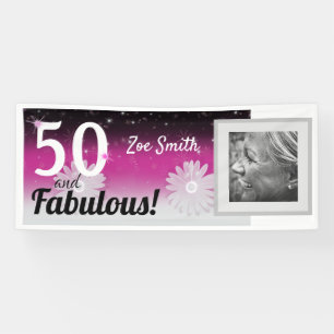 Fifty and fabulous, pink, black and white daisies banner