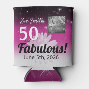 Fifty and fabulous, pink black white, with daisy can cooler