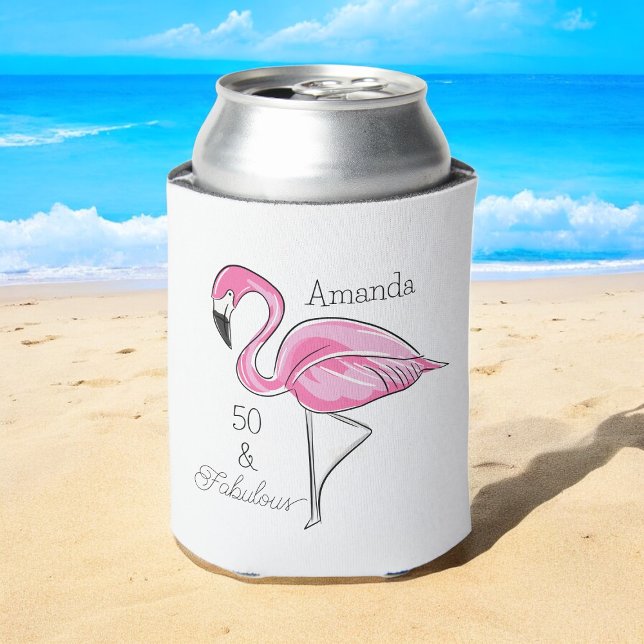 Fifty and Fabulous Pink Flamingo Custom Can Cooler (Creator Uploaded)