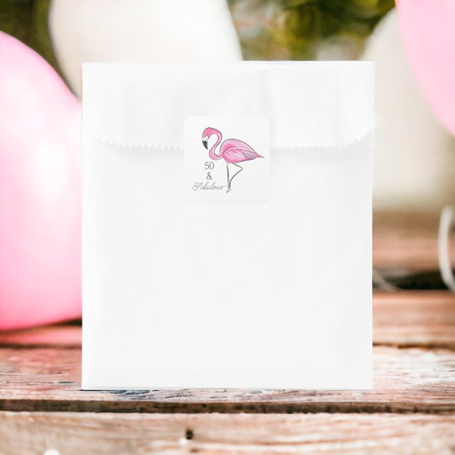 Fifty and Fabulous Pink Flamingo Square Sticker (Creator Uploaded)