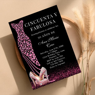 Fifty and Fabulous Pink Glam Spanish 50th Birthday Invitation