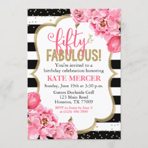 Fifty and Fabulous Pink Gold Floral 50th Birthday Invitation