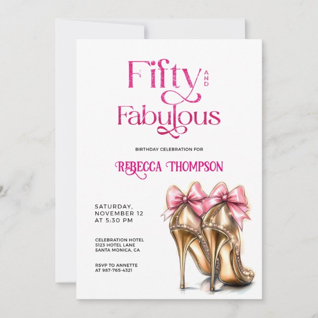 Fifty and Fabulous Pink Gold Heels 50th Birthday Invitation (Front)