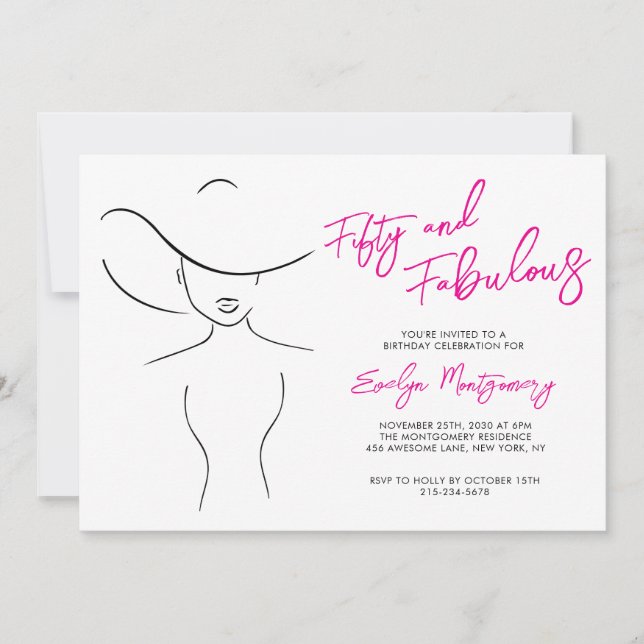 Fifty and Fabulous Pink Line Art Birthday Party  Invitation (Front)