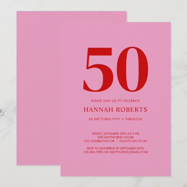 Fifty and Fabulous Pink Red 50th Birthday Party Invitation (Front/Back)