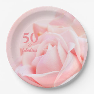 Fifty and Fabulous | Pink Rose 50th Birthday Paper Plate