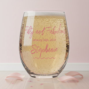 Fifty and Fabulous Pink Script Stemless Wine Glass