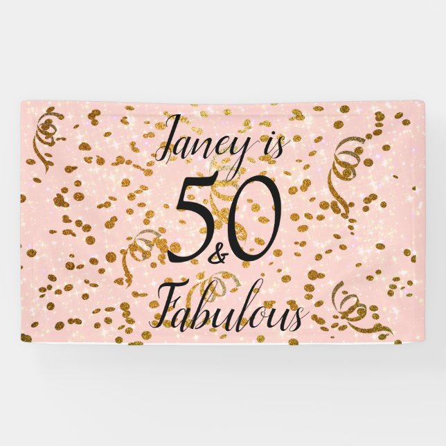 Fifty and Fabulous Pink with Gold confetti Banner (Horizontal)