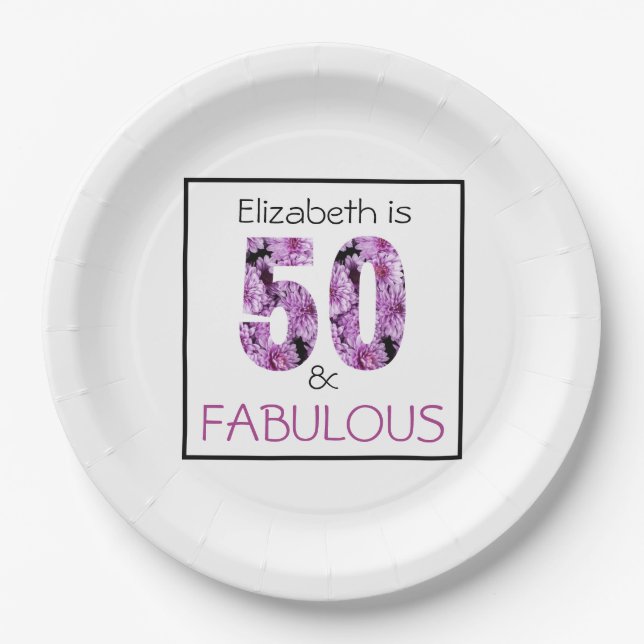 Fifty and Fabulous Purple Floral 50th Birthday Paper Plate (Front)