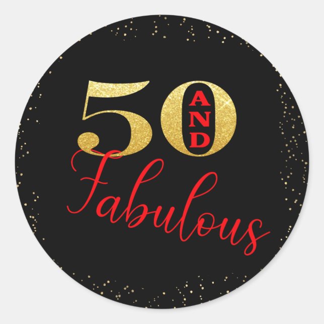 Fifty And Fabulous Red Black Gold Glitter Birthday Classic Round Sticker (Front)