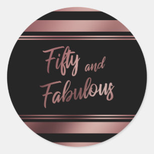 Fifty and Fabulous Rose Gold & Black Stripes Classic Round Sticker