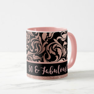 Fifty and Fabulous rose gold damask 50th Birthday Mug