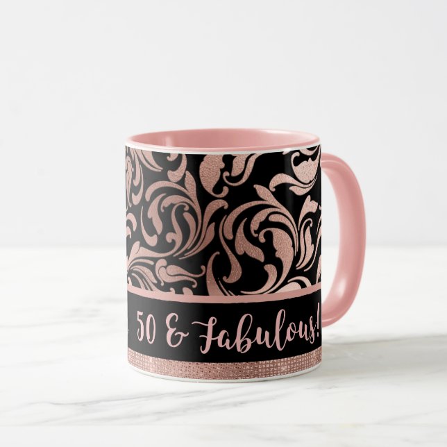 Fifty and Fabulous rose gold damask 50th Birthday Mug (Front Right)