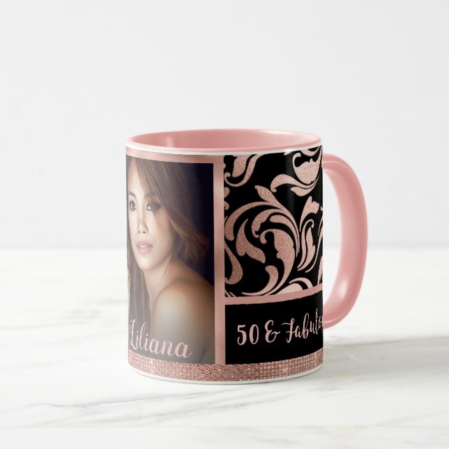 Fifty and Fabulous rose gold damask 50th Birthday Mug (Front Right)