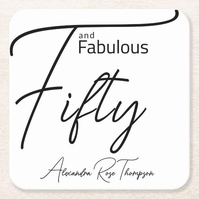 Fifty and Fabulous Script 50th Birthday Party Square Paper Coaster (Front)