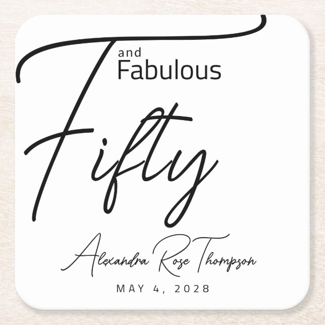 Fifty and Fabulous Script 50th Birthday Party Square Paper Coaster (Front)