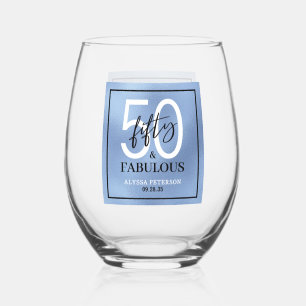 Fifty and Fabulous Script 50th Birthday Stemless Wine Glass