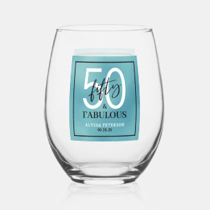 Fifty and Fabulous Script 50th Birthday Stemless Wine Glass