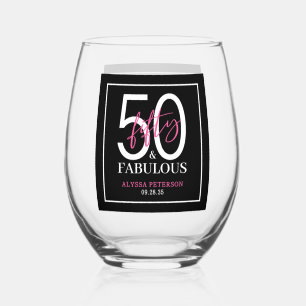 Fifty and Fabulous Script 50th Birthday Stemless Wine Glass